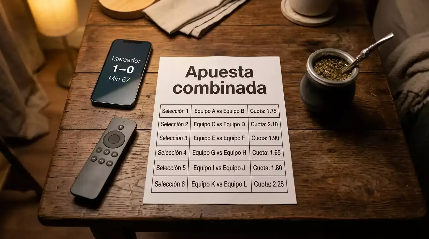 Boleta de apuesta combinada sobre una mesa junto a un televisor mostrando partidos de fútbol argentino
