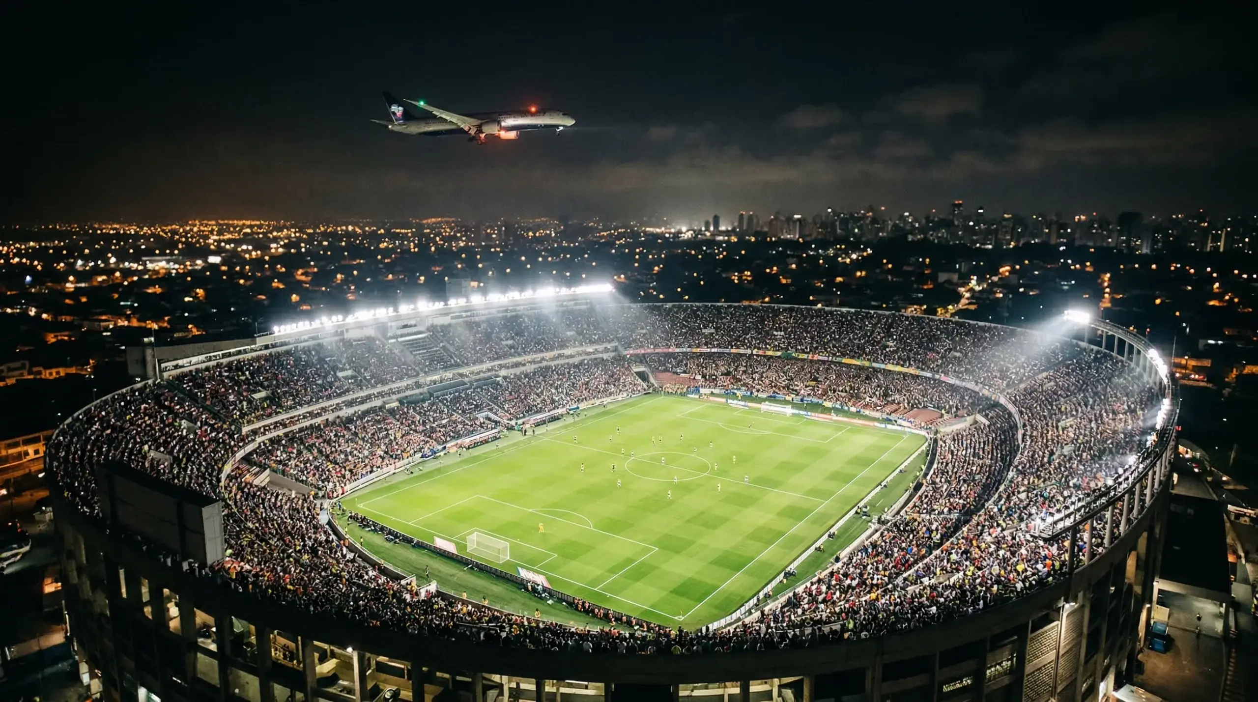 Avión sobrevolando un estadio de fútbol sudamericano de noche con las luces del campo encendidas