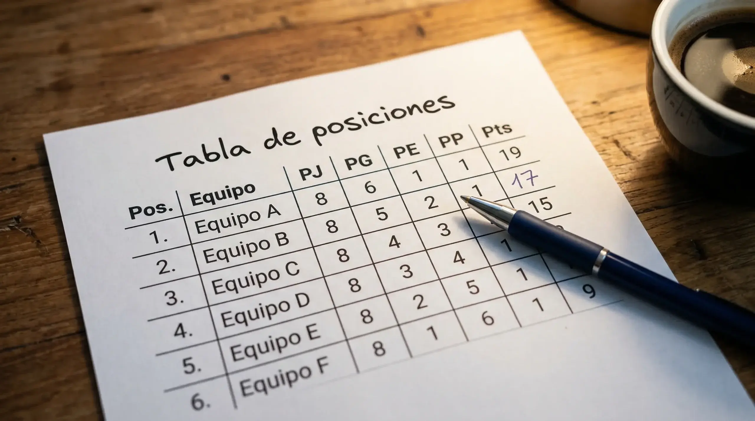 Tabla de posiciones de la liga argentina impresa en papel junto a un bolígrafo sobre un escritorio