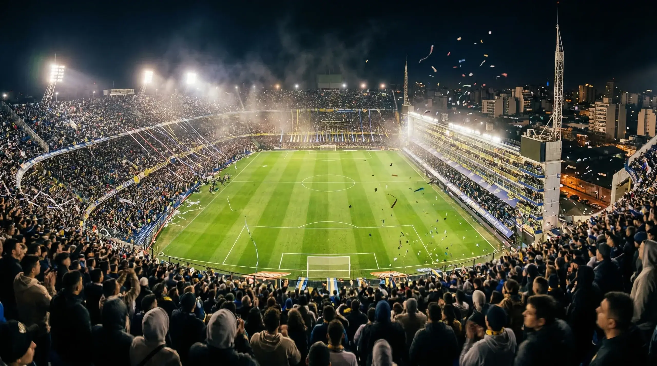Vista panorámica de un estadio de fútbol argentino lleno de hinchas antes de un partido nocturno