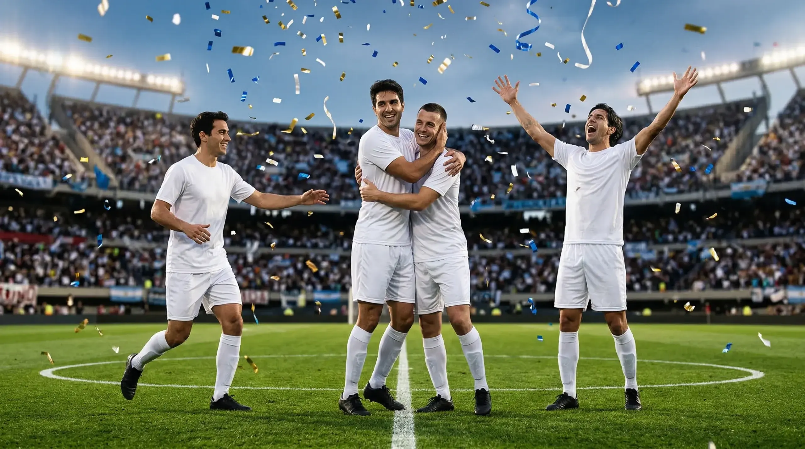 Jugadores de fútbol celebrando un título en una cancha argentina con lluvia de papelitos