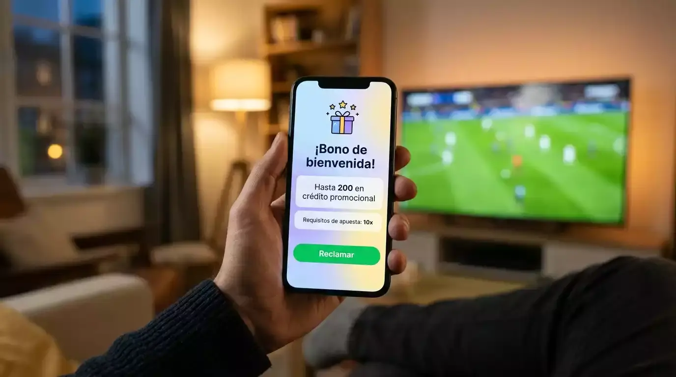 Pantalla de celular mostrando una promoción de bono de bienvenida de una casa de apuestas deportivas