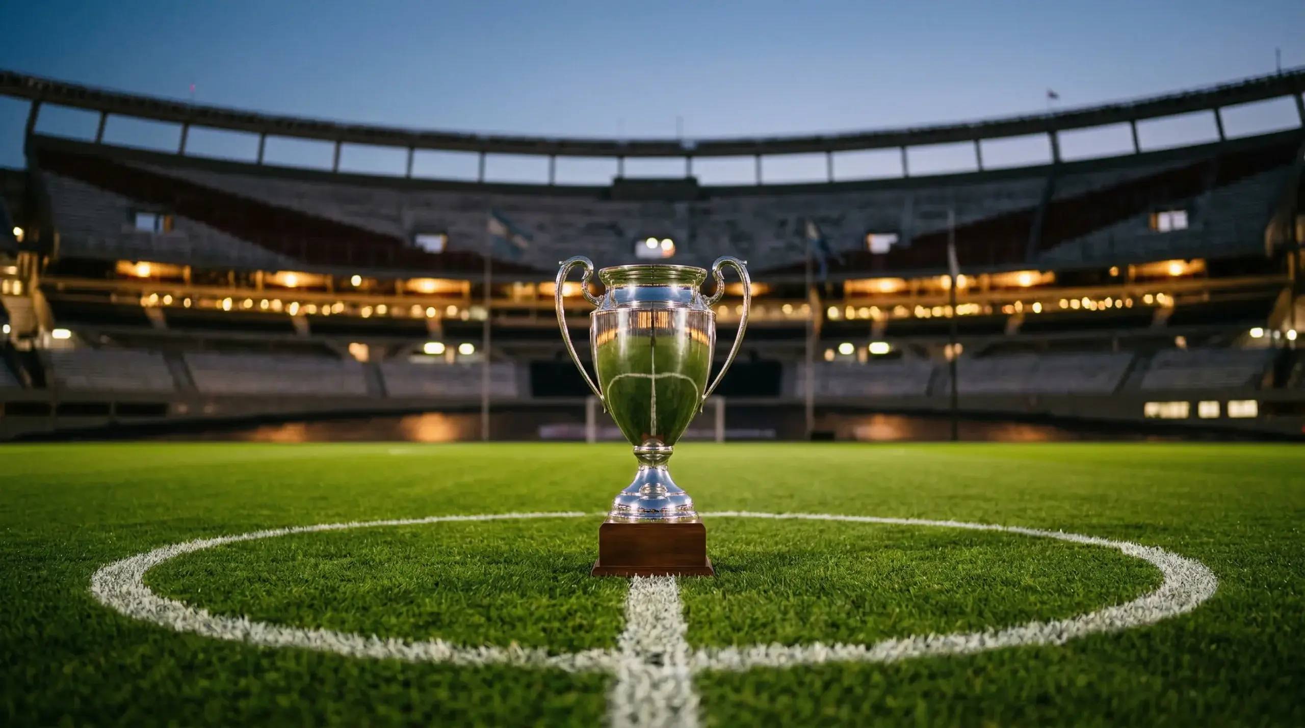 Trofeo de la Liga Profesional argentina sobre césped de cancha de fútbol iluminada por reflectores