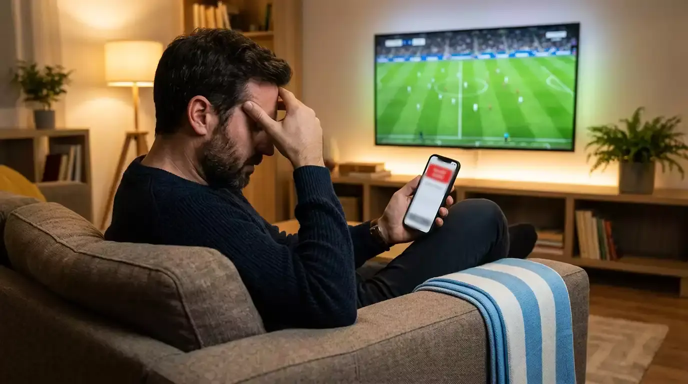 Hincha de fútbol argentino frente a una pantalla de celular con una apuesta deportiva perdida