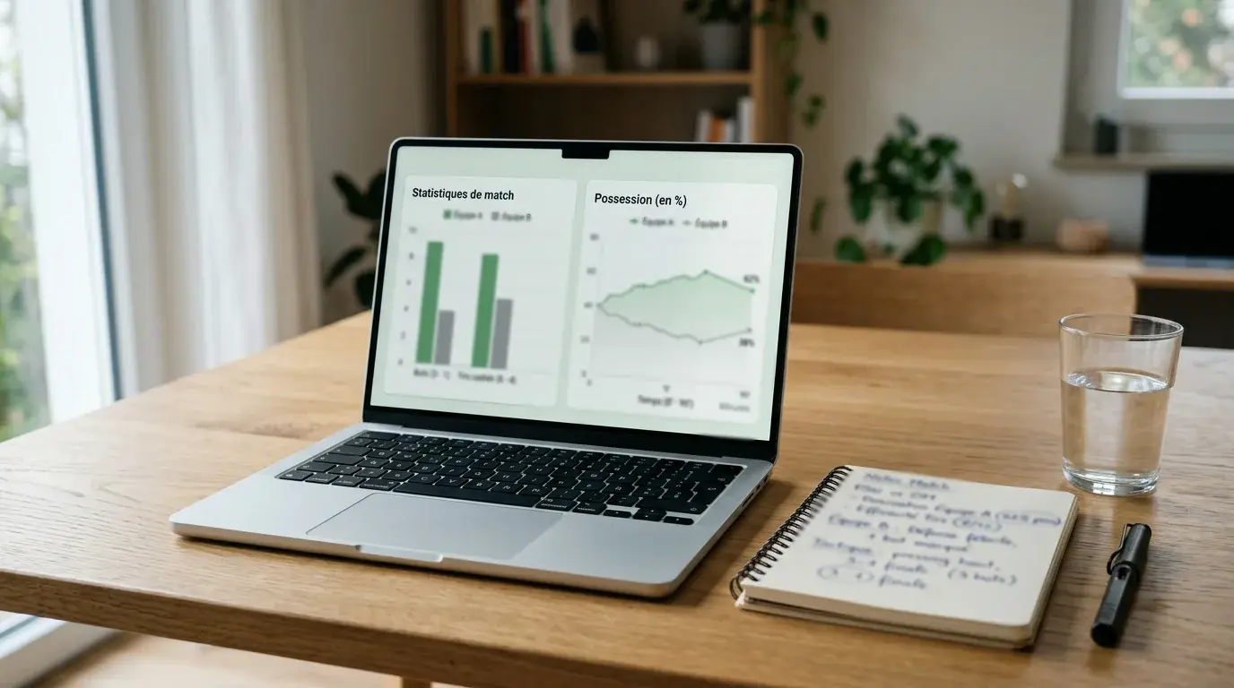 Analista revisando estadisticas de futbol argentino en una notebook con graficos de rendimiento de equipos