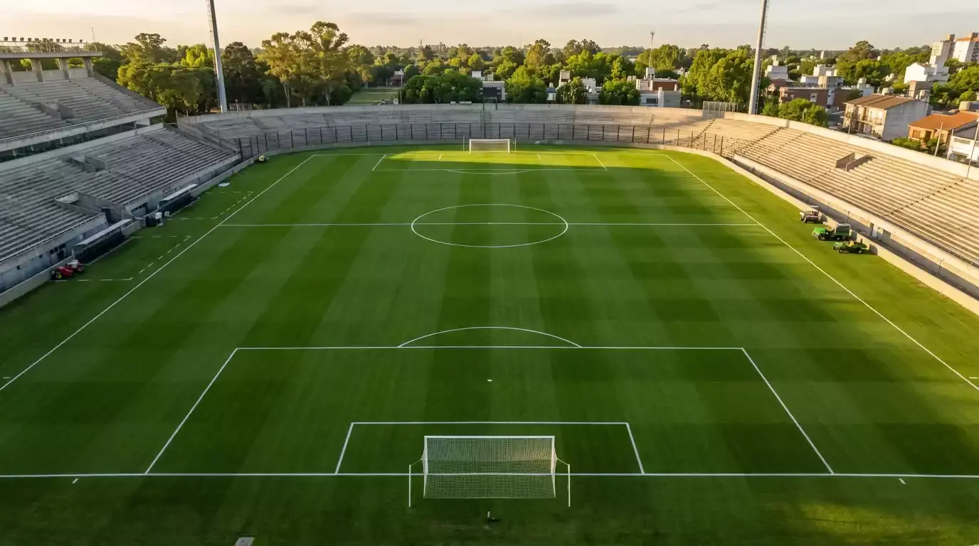Cancha de fútbol argentina vista aérea con líneas divisorias que representan el formato de zonas de la Liga Profesional