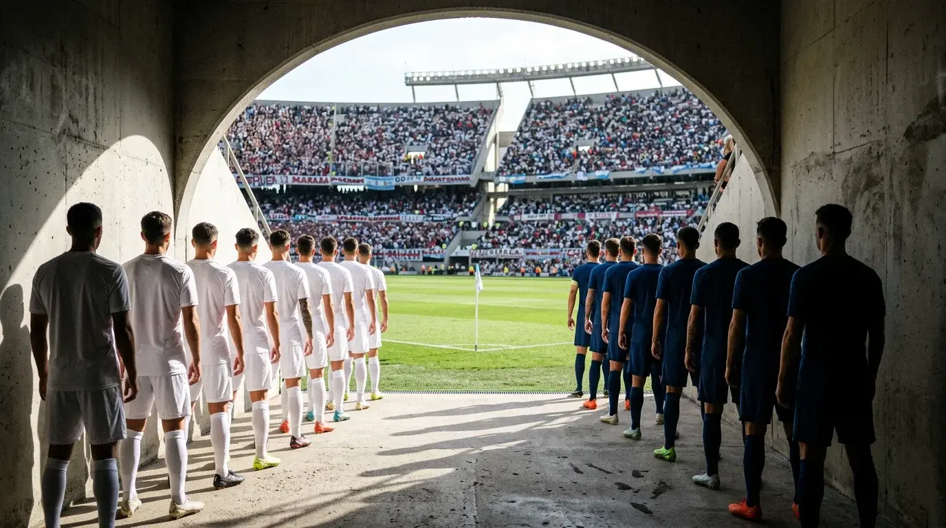 Cancha de futbol argentino con las formaciones de dos equipos antes del inicio de un partido de la Liga Profesional