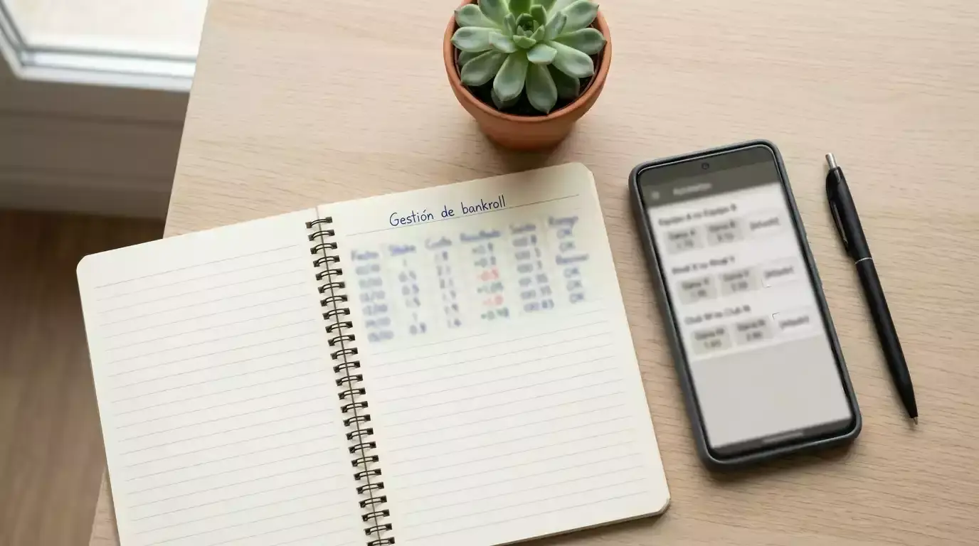 Libreta con cálculos de bankroll y porcentajes junto a billetes y un celular con una app de apuestas deportivas