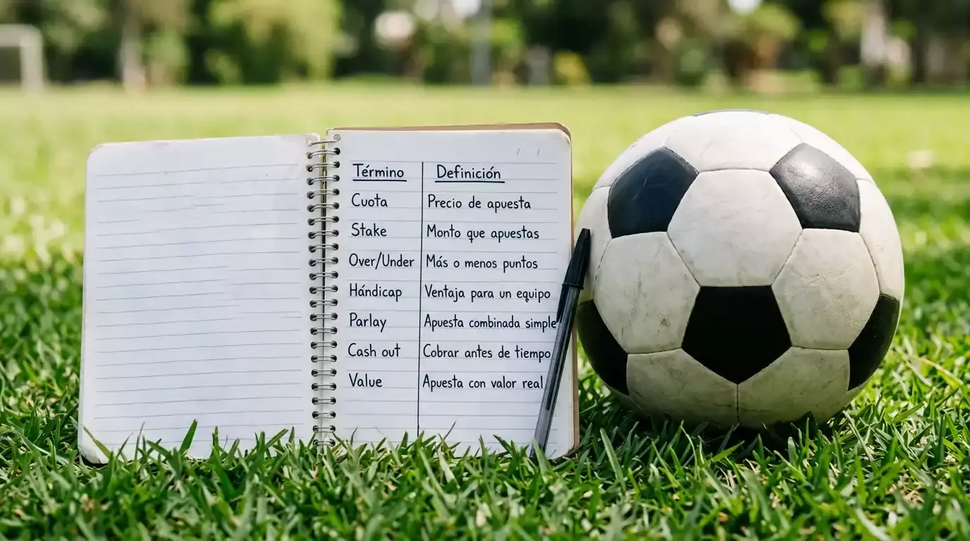 Cuaderno abierto con términos de apuestas deportivas escritos junto a un balón de fútbol sobre césped