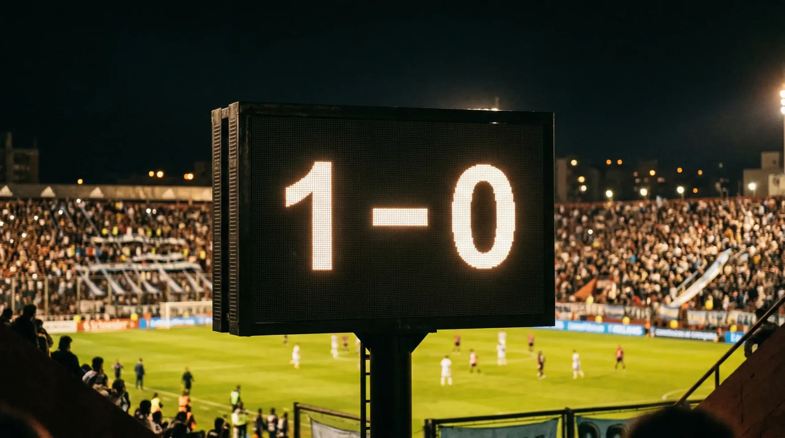 Marcador electrónico de un estadio de fútbol argentino mostrando un resultado ajustado entre dos equipos