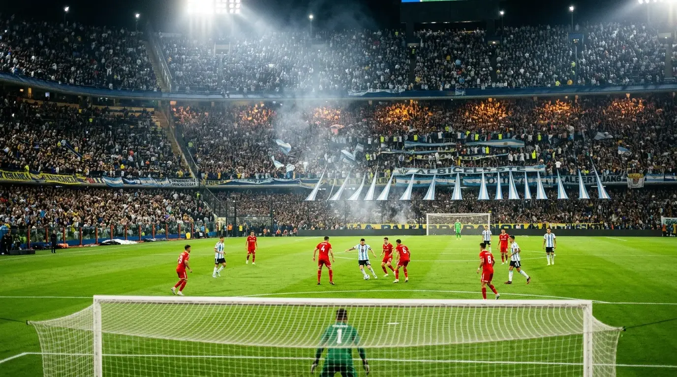 Estadio de futbol argentino durante un partido nocturno de la Liga Profesional
