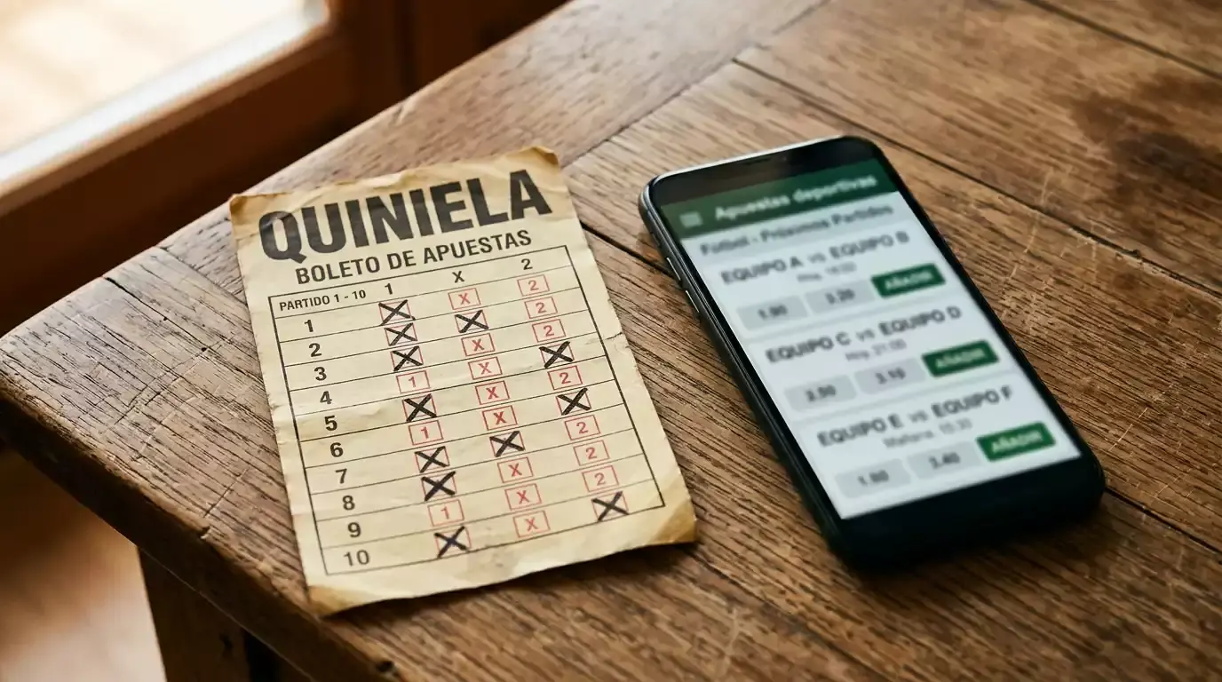 Boleto de quiniela deportiva antiguo junto a un celular moderno con una app de apuestas sobre una mesa de madera