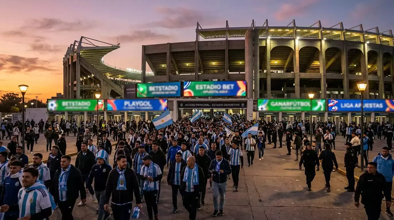 Estadio de fútbol argentino con carteles de patrocinadores de casas de apuestas visibles en las tribunas