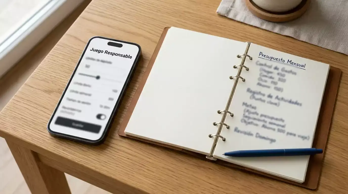 Persona configurando límites de apuestas en la pantalla de un celular junto a una mesa con libreta de presupuesto
