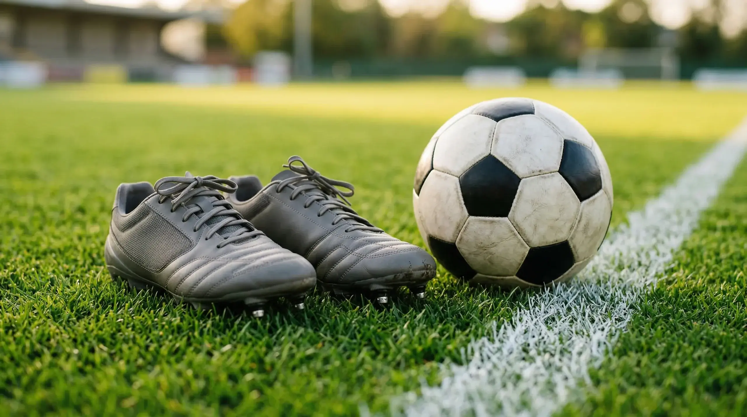 Botín de fútbol profesional sobre el césped de una cancha argentina con una pelota al lado