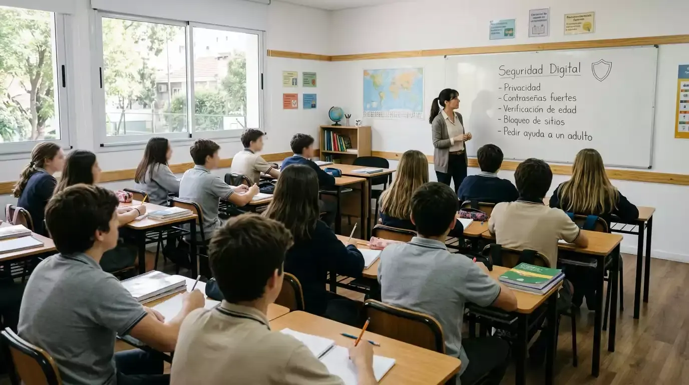 Aula escolar con adolescentes argentinos atendiendo a una clase sobre uso responsable de internet