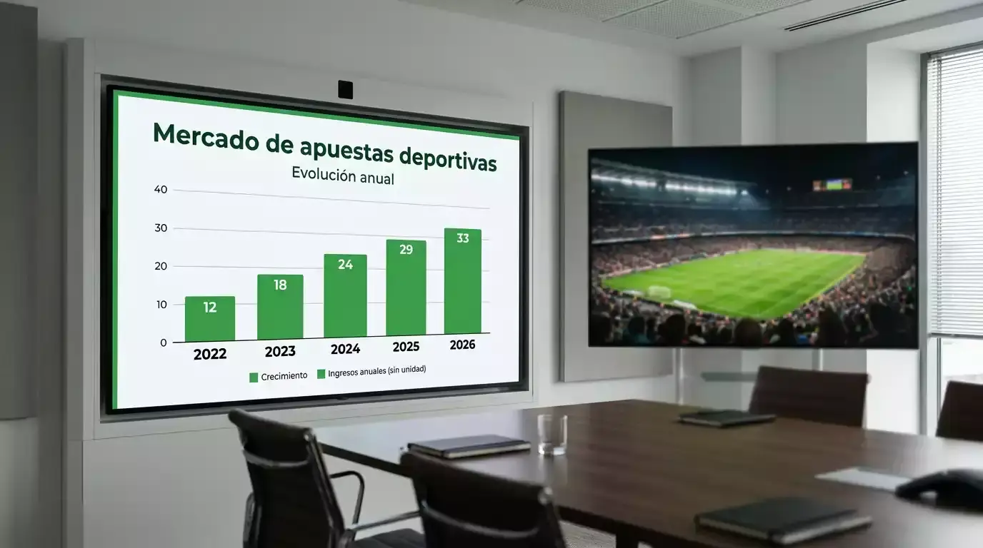 Gráfico de barras con cifras del mercado de apuestas deportivas en Argentina proyectado sobre fondo de estadio