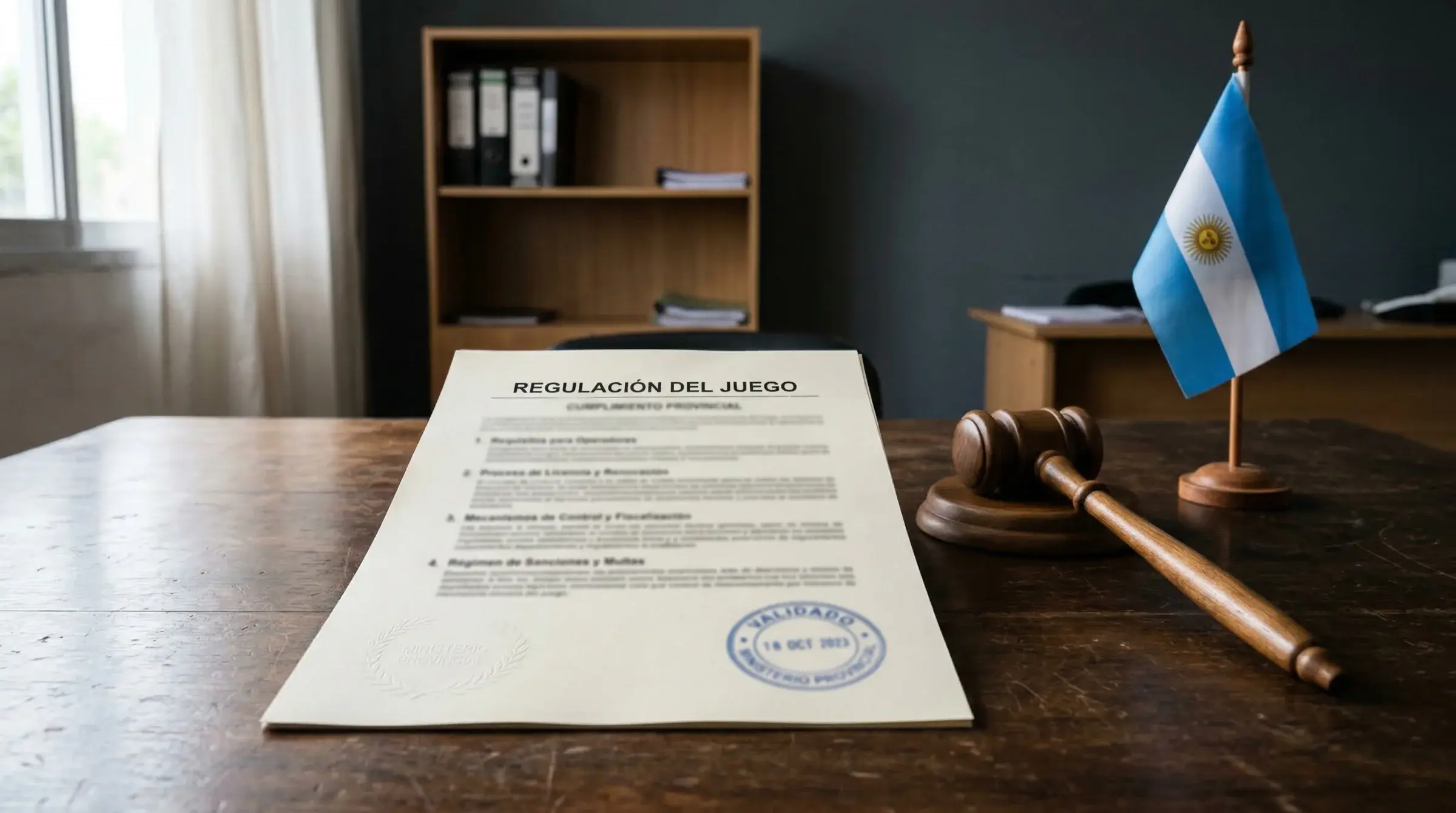 Edificio gubernamental argentino con banderas provinciales junto a un documento oficial sobre una mesa