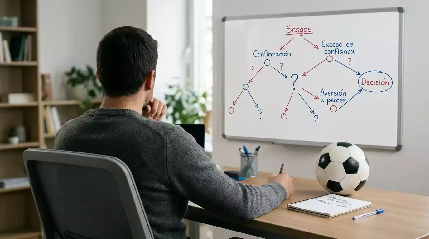 Silueta de una persona pensativa frente a una pizarra con flechas y signos de interrogación sobre apuestas